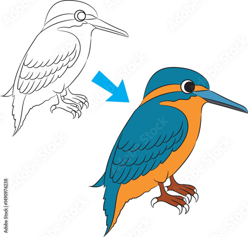 Cute Kingfisher Cartoon Outline and Coloring Illustration Isolated on White Background