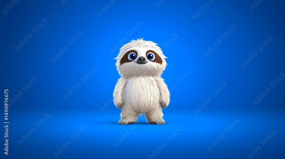 Obraz premium Adorable Fluffy White Sloth Cartoon Character on Blue Background