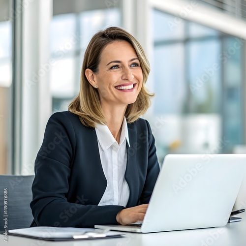 Portrait of Confident Mature Professional Woman Working on Laptop in Modern Office – Executive, Manager, or Attorney