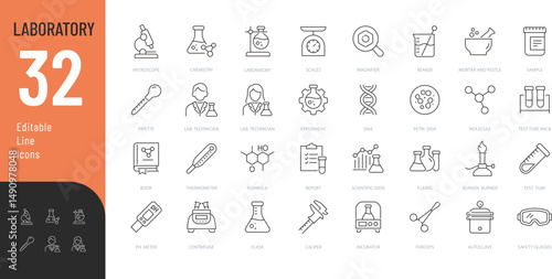 Laboratory Line Editable Icons set. Vector illustration in modern thin line style of science related icons: equipment, experiment, assistants, and more. Isolated on transparent background.