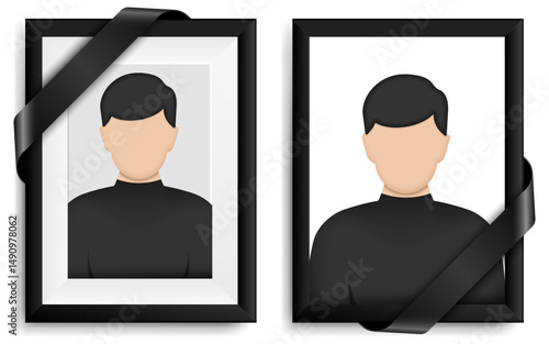 Male portraits framed with black ribbons, symbolizing mourning and remembrance. The image represents respect for the deceased, ideal for themes related to funeral announcements, loss, and memorial