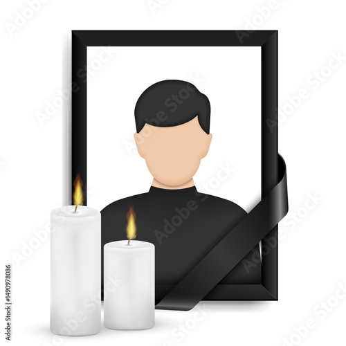 A symbolic memorial image featuring a faceless male portrait in a black frame adorned with a black ribbon, accompanied by two lit candles. Ideal for themes of funeral, loss, or memorial tribute.
