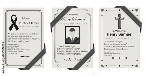 A set of elegant and minimalist funeral or memorial card templates featuring black ribbons, symbolic illustrations, and customizable text. Ideal for memory in printed or digital funeral programs.