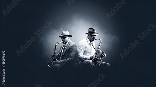 Two Musicians Playing Saxophones in a Dark Blue Setting