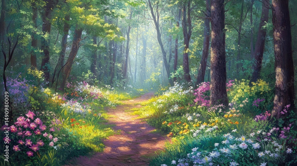 Obraz premium Sunlit path through a vibrant, flower-filled forest.