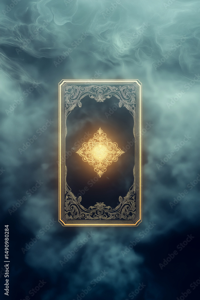 Fototapeta premium A single tarot card floating in a soft, misty void with subtle glowing edges.