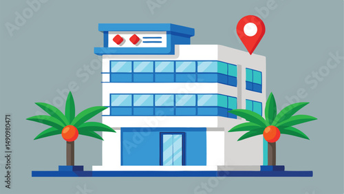 Modern stylized building with location marker and tropical palm trees vector illustration design
