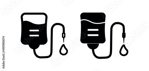intravenous drip icon set. depicting flexible infusion bags, measurement markings, curved delivery tubes, needle tips.
IV drip png and vector illustration on transparent background