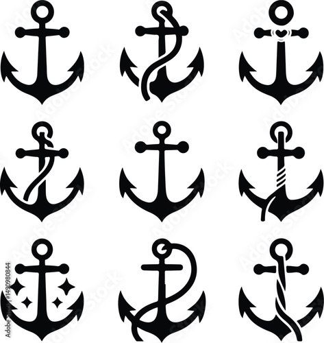 Anchor Icon Silhouette Set – Nautical, Marine, Sea Vector Pack Black Anchor Silhouettes – Maritime Symbols for Sailor and Ocean Themes