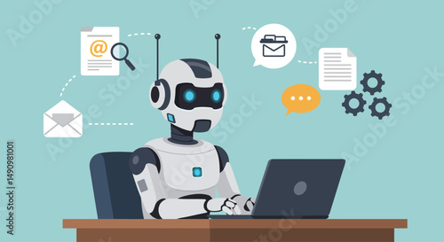 A futuristic robot with glowing blue elements sits at a desk, working on a laptop. Surrounding it are interconnected digital icons representing email, document processing, automation, communication, a
