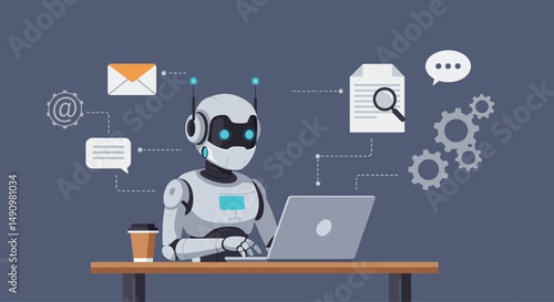 A futuristic robot with glowing blue elements sits at a desk, working on a laptop. Surrounding it are interconnected digital icons representing email, document processing, automation, communication, a