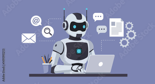 A futuristic robot with glowing blue elements sits at a desk, working on a laptop. Surrounding it are interconnected digital icons representing email, document processing, automation, communication, a