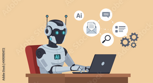 A futuristic robot with glowing blue elements sits at a desk, working on a laptop. Surrounding it are interconnected digital icons representing email, document processing, automation, communication, a