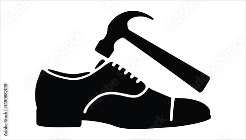 Shoe Repair Icon with Hammer and Shoe Silhouette for Cobbler, Footwear Service, and Craft Workshop Designs