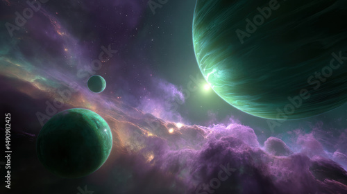 Space background with colorful nebula Galaxy Cloud. Bright galaxy shimmering neon blue purple colors with distant stars. Mysterious alien star system purple green planets orbiting a bright glowing sun