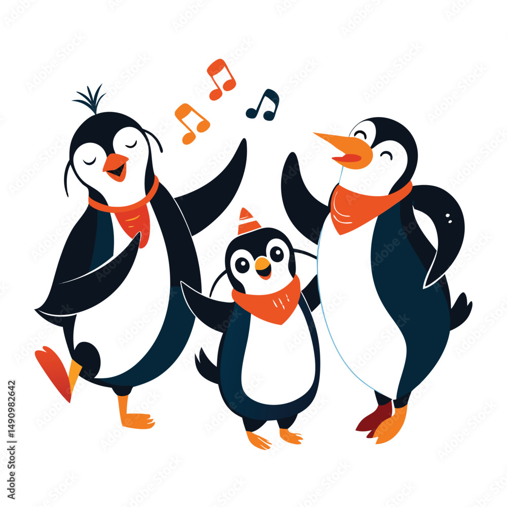 Fototapeta premium Cartoon Penguin Family Singing and Dancing – Cute Winter Animal Characters in Festive Holiday Scene for Kids and Christmas Designs