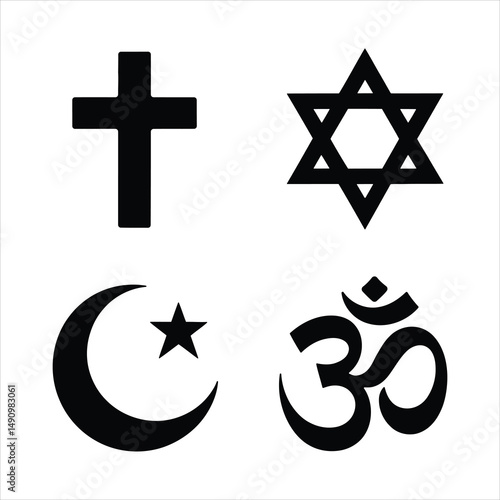 Religious Symbols Collection Featuring Cross, Star of David, Crescent Moon, and Om Icons