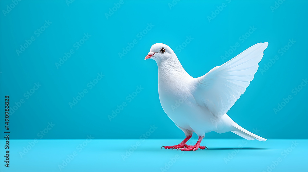 Fototapeta premium White Dove with Spread Wings on Blue Background