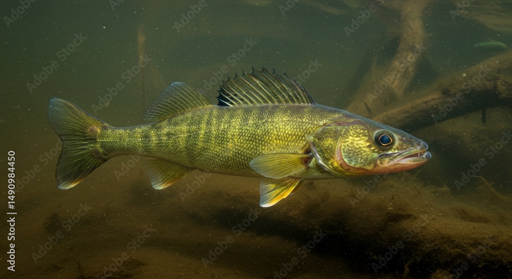 Fototapeta premium Underwater Portrait of a Walleye Fish in its Natural Habitat Setting