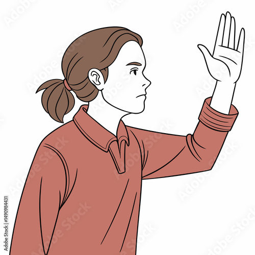 A cartoon illustration of a person with light skin and brown hair pulled back in a ponytail, raising their right hand with the palm facing forward. They are wearing a reddish-brown collared shirt.