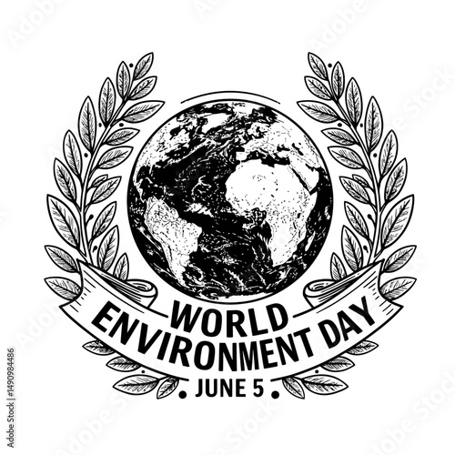 World environment day illustration with earth globe and laurel wreath for june fifth celebration