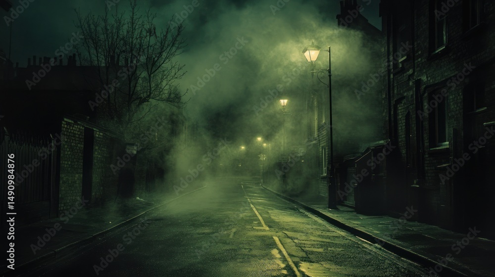 Naklejka premium Atmospheric urban scenery with eerie fog cascading through a dark road