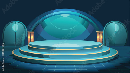 Stage or podium with teal background for presentation or performance in a hall