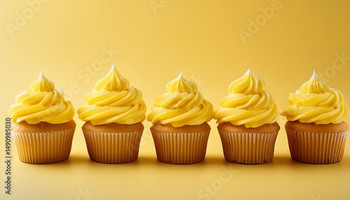 delicious cupcakes with butter yellow cream on a pastel yellow background