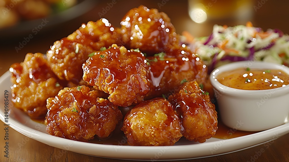 Golden glazed chicken bites with coleslaw high resolution picture Golden glazed chicken bites with coleslaw high resolution picture