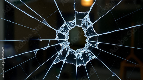 a broken glass window with a hole in it