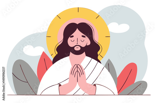 Jesus in prayer, peaceful vector illustration, religious art, christian faith, spiritual meditation
