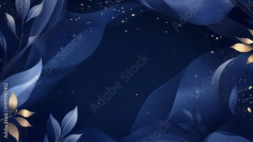 Elegant navy blue background with glittering stars and golden leaf details