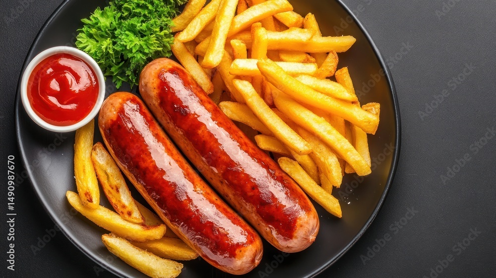 Delicious Grilled Sausages with Crispy French Fries and Ketchup Delicious Grilled Sausages with Crispy French Fries and Ketchup