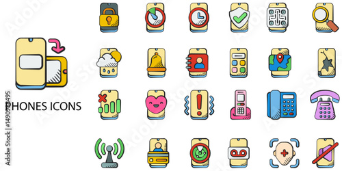 Phones simple concept 24 hand drawn color icons set .Vector illustration.
