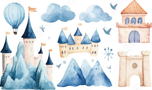 A cartoon vector illustration shows a fairy tale castle, a fantasy building with a tower on a hill, like a medieval palace from a princess tale