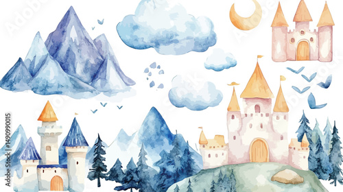 A winter fairytale illustration shows a medieval castle with a tower in a snowy mountain landscape under a fantasy sky