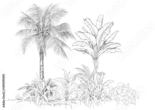 Hand-drawn palm trees and tropical foliage in pencil sketch style. Monochrome botanical design.