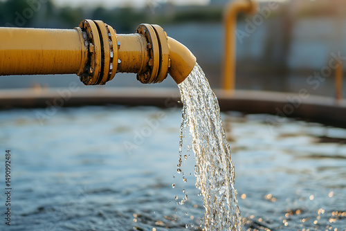 Water flows from a yellow industrial pipe, cascading into a body of water. The scene suggests a controlled release or outflow in an industrial or environmental setting.