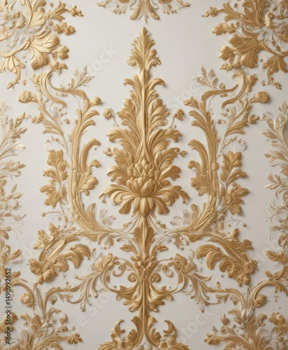 Luxurious white damask with gold accents, intricate floral details, surface, home, repeating
