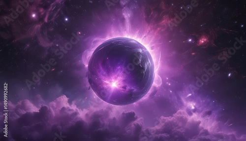 Glowing orb floats in purple nebula, cosmic dust swirling ,  science fiction,  shine