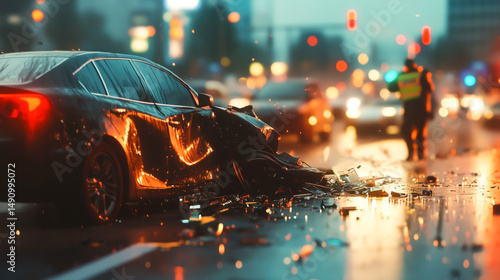 A damaged car on the road after a collision. The concept of traffic accidents, road safety, emergency response, and the consequences of reckless driving. Generative AI.