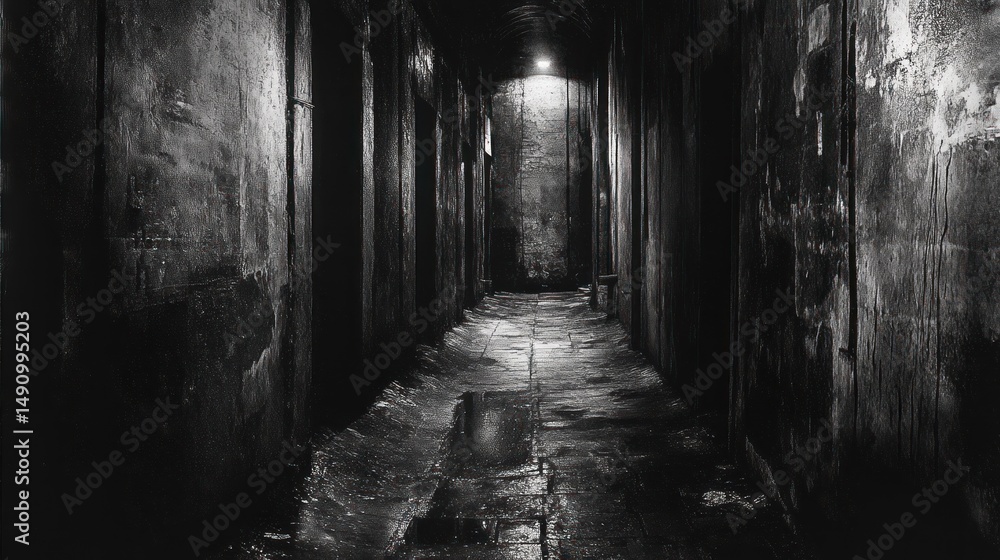 Obraz premium Monochromatic corridor with rough textures, evocative of history and mystery