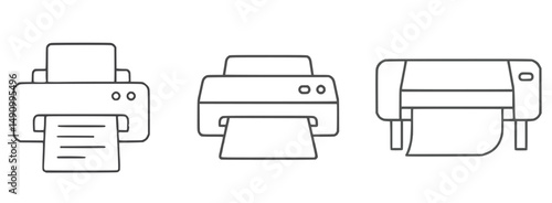  printer icons outlined in black, representing various models including standard printer and wide-format plotter, designed in a minimal, technical line art style. Concept of office equipment , digital