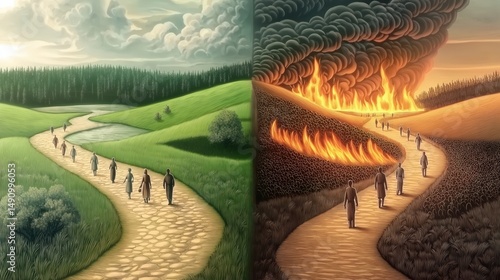 Two roads diverge—one leads through peace and light, the other into fire and darkness—symbolizing the narrow path to life and the wide road to destruction, as Jesus taught.