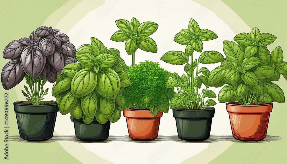 Obraz premium fresh basil plants illustrations in various pots