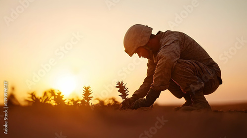 Soldier Planting a Tree at Sunset in a Desert