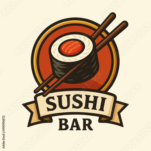 Sushi bar logo with chopsticks and roll. Vector illustration.
