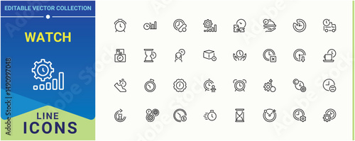 Watch icon set. Featuring dial, day, clock, time, hour, alarm and more. Time And Clock icon set. Outline icons in linear style. Vector illustration.