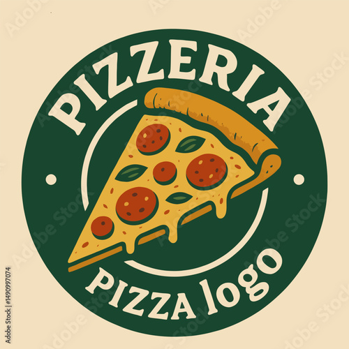 Delicious pepperoni pizza slice in round pizzeria logo.