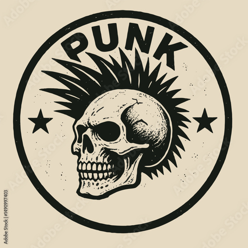 Skull with spiky mohawk and stars in bold punk style emblem.